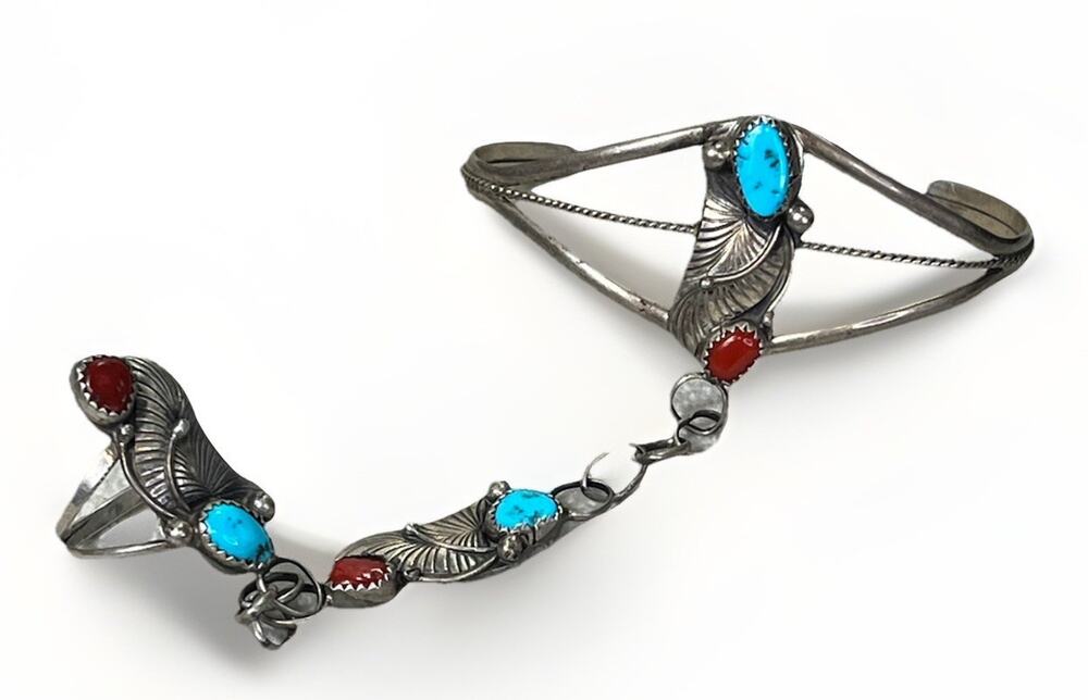 VTG Native American Slave Cuff Bracelet Ring Coral Turquoise on Sterling Silver